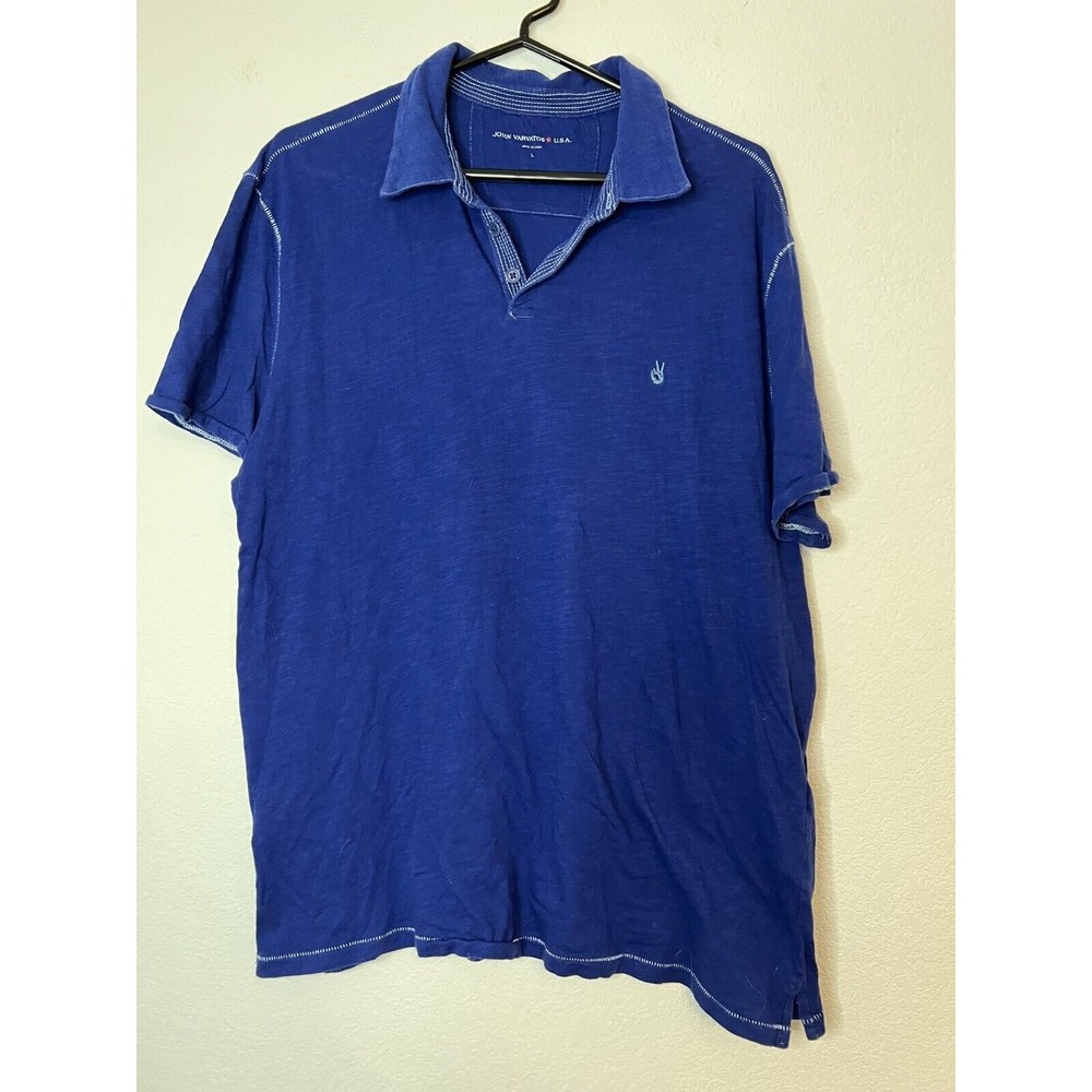 John Varvatos USA Polo Shirt Blue Mens Size Large Peace Embroidered Soft Collar